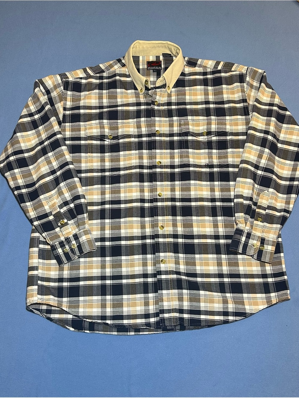 Roper Men’s Plaid Button-Down Shirt - Beige & Navy with 2 front pockets